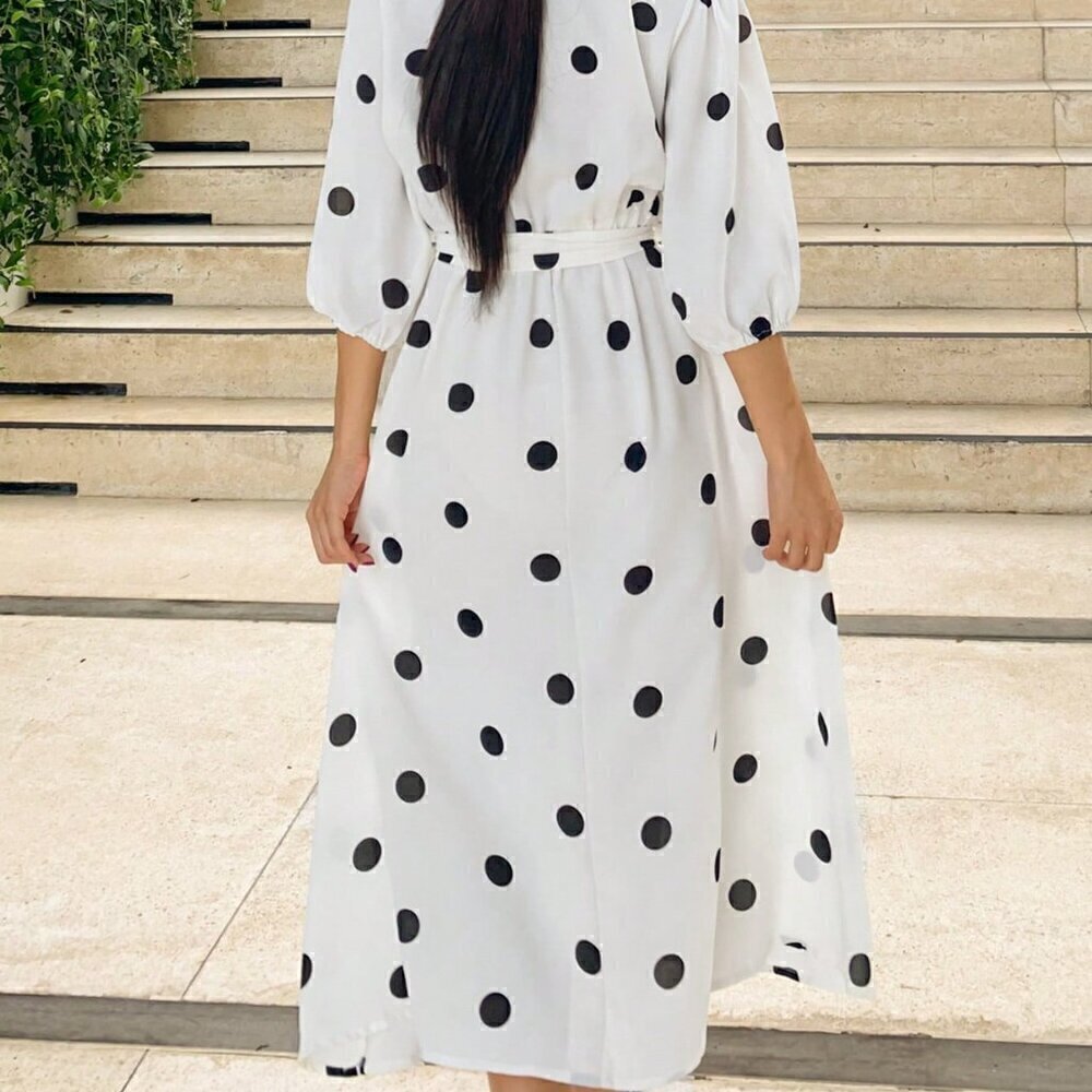 White Casual Women's Polka Dot Print V Neck Wrap Dress With Lantern Sleeve - Picture 6 of 6
